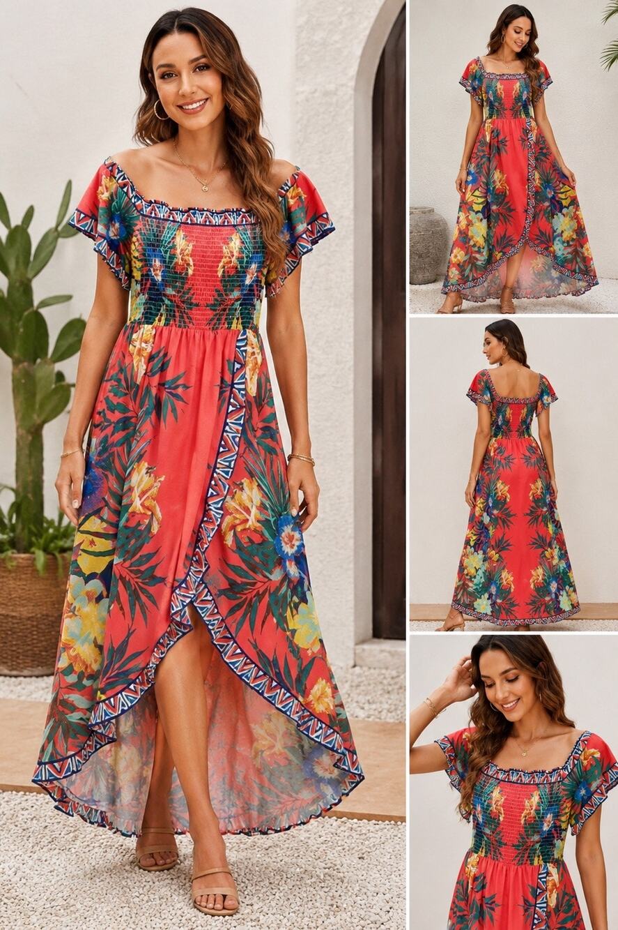 Jealous Tomato Red Tropical Floral High Low Midi Sundress Summer Vacation Medium